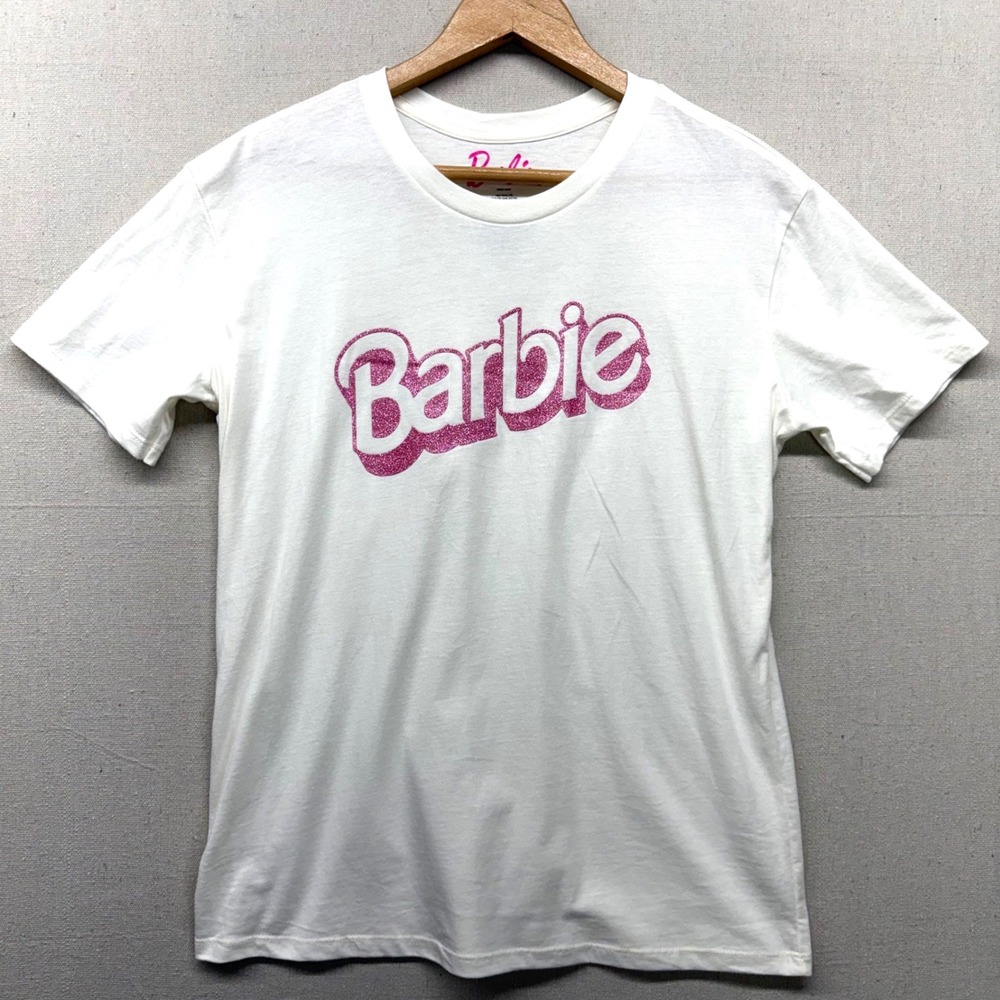 Barbie Pink Glitter Logo White Graphic T-Shirt Cotton Crewneck Jr L‎ LT22405LC